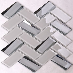 Edzett halszálkás világos bézs üveg konyha Backsplash csempe