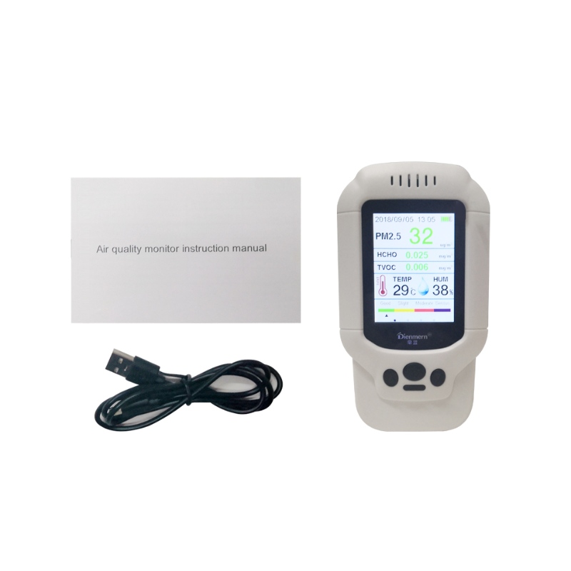 Hordozható PM2.5 gázérzékelő PM1.0 PM10 HCHO TVOC AQI hőmérsékleti és páratartalmú légdetektor