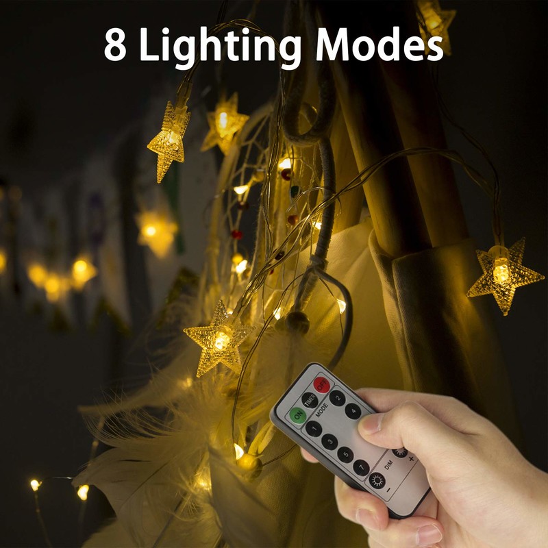 Húros lámpatestek, Rymbo 34ft beltéri / kültéri csillag alakú lámpák LED meleg fehér, csillogó fények és USB tápellátású és átlátszó húros kábel és távirányító