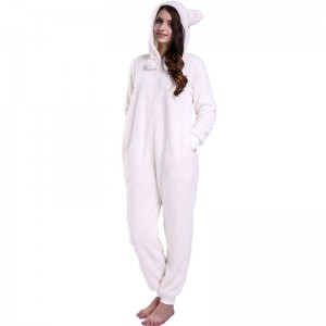 Női krém Onesie pizsama, kapucnis állati fülekkel