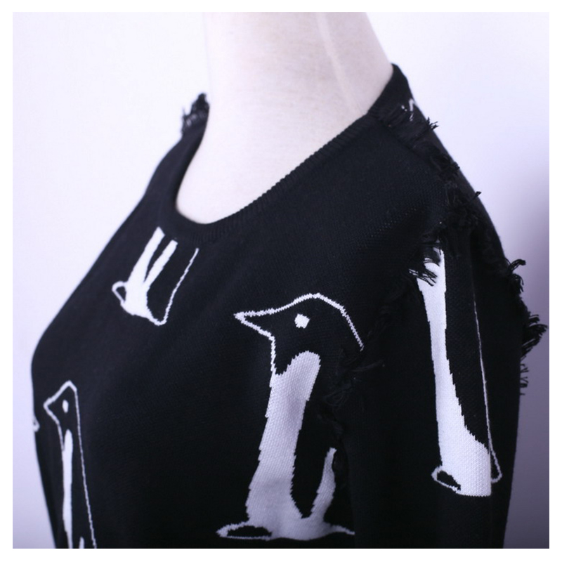 Női gyapjú pingvin mintás címer fringe pulóver