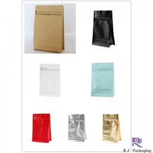 Egyedi quad -fóka doboz alsó zacskó E -zip és szelep kávé tea