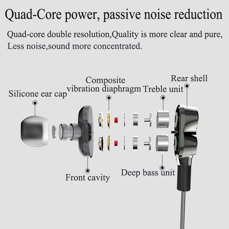 Kiváló minőségű kettős illesztőprogram mély basszus sztereó fülbe helyezett hifi vezetékes fülhallgató