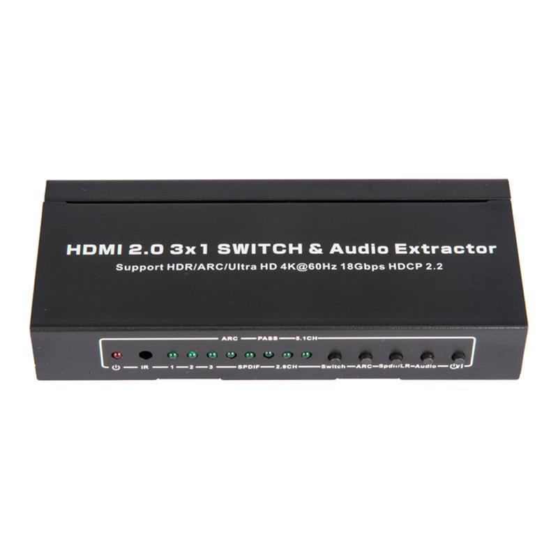 V2.0 HDMI 3x1 kapcsoló és audiokihúzó támogatás ARC Ultra HD 4Kx2K @ 60Hz HDCP2.2 18Gbps