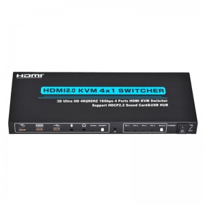 V2.0 HDMI KVM 4x1 kapcsolótámogatás Ultra HD 4Kx2K @ 60Hz HDCP2.2 18 Gbps hangkártya és USB-elosztó
