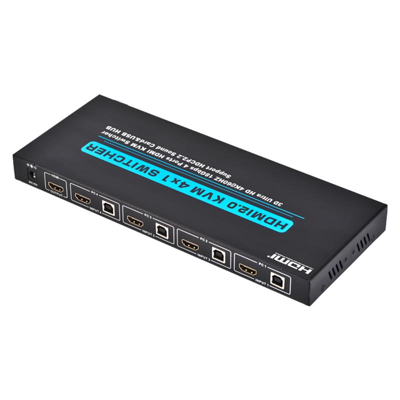 V2.0 HDMI KVM 4x1 kapcsolótámogatás Ultra HD 4Kx2K @ 60Hz HDCP2.2 18 Gbps hangkártya és USB-elosztó