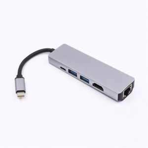 Öt az egyben C típusú USB - HDMI + LAN (1000M) + USB 3.0x2 + C típusú Hub adapter
