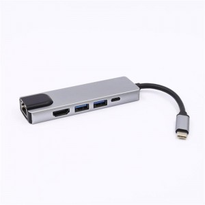 Öt az egyben C típusú USB - HDMI + LAN (1000M) + USB 3.0x2 + C típusú Hub adapter