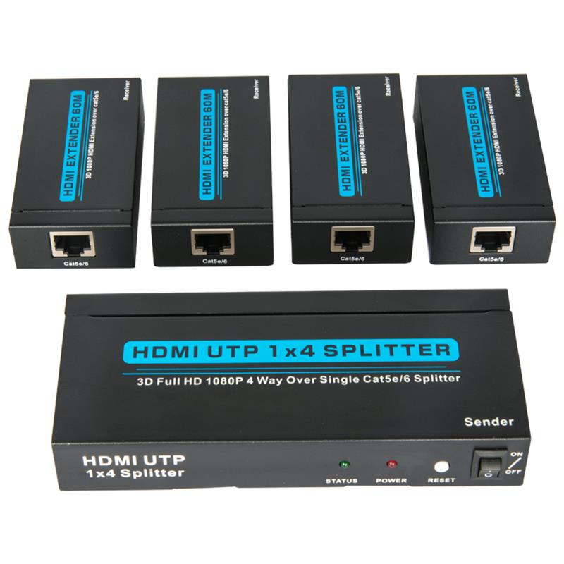 4 portos HDMI UTP 1x4 elosztó egyetlen Cat5e / 6 felett, 4 vevővel, 60 m-ig