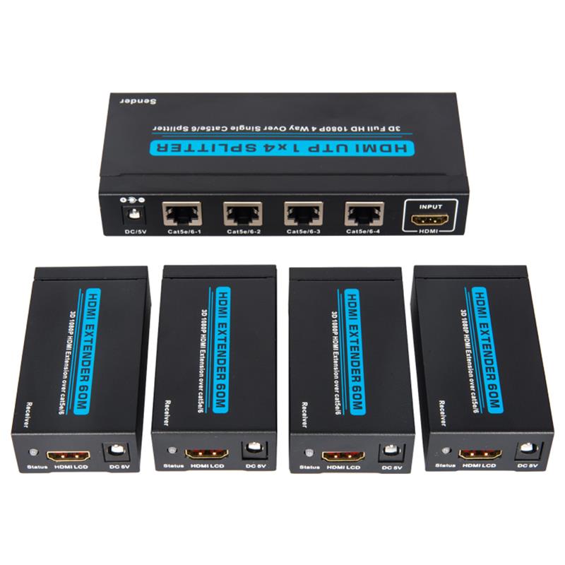 4 portos HDMI UTP 1x4 elosztó egyetlen Cat5e \/ 6 felett, 4 vevővel, 60 m-ig