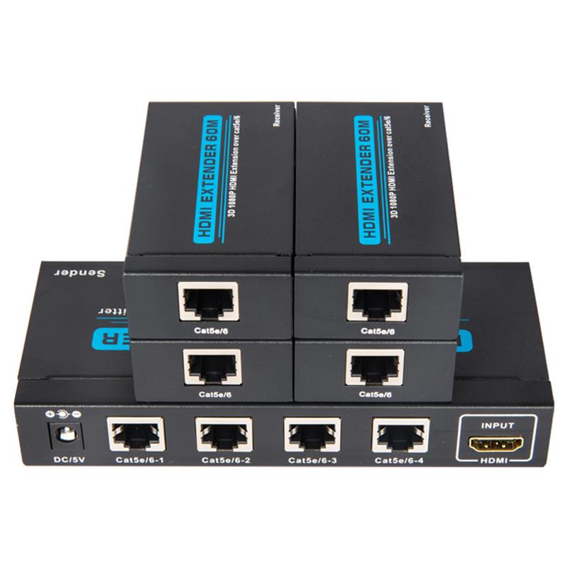 4 portos HDMI UTP 1x4 elosztó egyetlen Cat5e / 6 felett, 4 vevővel, 60 m-ig