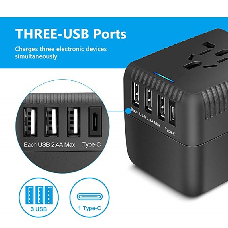 RRRTRADEL Universal Travel Adapter, All in One International Power Adapter with 3 USB + 1 típusú C típusú charging Ports, European Plug Adapter, AC Outlet Plug Adapter for European, US, UK, AU 160+ Országok