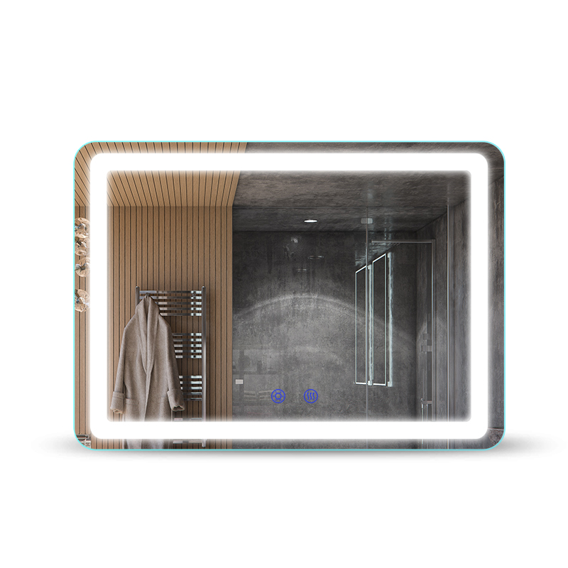 Nagyméretű, teljes hosszúságú, LED-es fürdőszoba tükör, fekete kerettel a kivilágított tükör körül a sminkhez
