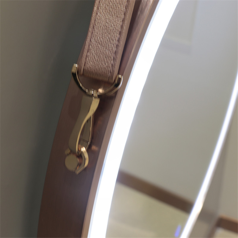 Élőszoba szalon dekoratív Alumínium keret kerek tükör, PU pánttal