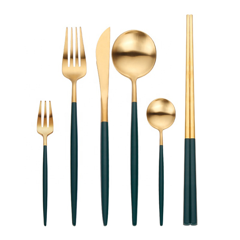 Zöld kezű rozsdamentes acél esküvői teljes étterem Matte Gold Spoon Fork Knife evőeszköz készlet