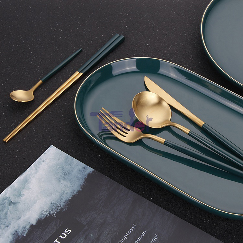 Zöld kezű rozsdamentes acél esküvői teljes étterem Matte Gold Spoon Fork Knife evőeszköz készlet