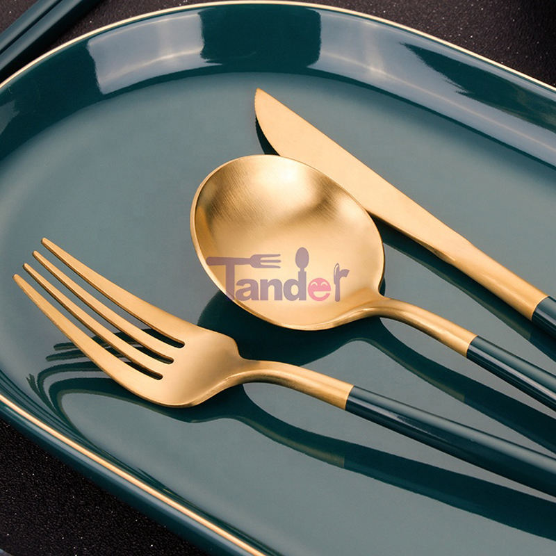 Zöld kezű rozsdamentes acél esküvői teljes étterem Matte Gold Spoon Fork Knife evőeszköz készlet