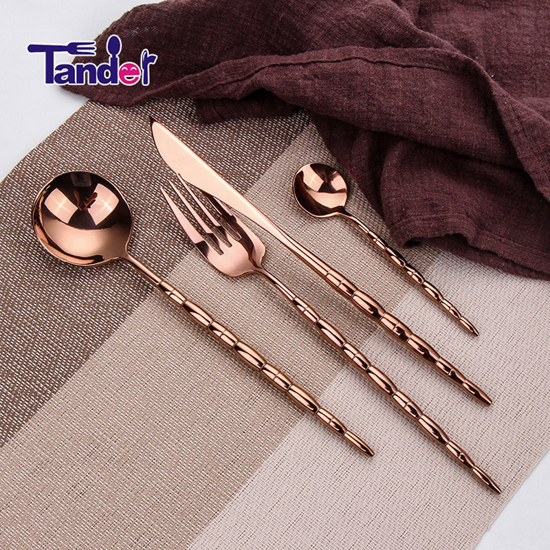 Rozsdamentes acél kalapált tükör, esküvői otthon, hotel réz evőeszköz, rózsa, arany étkészlet.