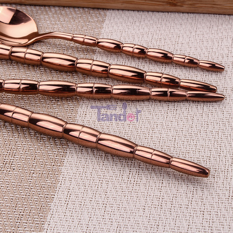 Rozsdamentes acél kalapált tükör, esküvői otthon, hotel réz evőeszköz, rózsa, arany étkészlet.