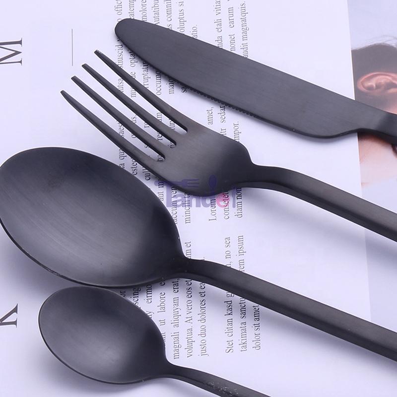 Leltározó, fekete evőeszköz, tartós matt, fekete evőeszköz készlet, pvd bevonatú kanalak villás készlet