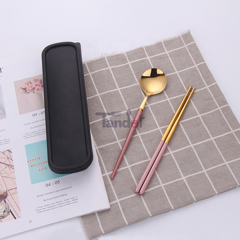 vacsora kanál pálcika rózsaszín arany piknik doboz evőeszköz készlet utazás