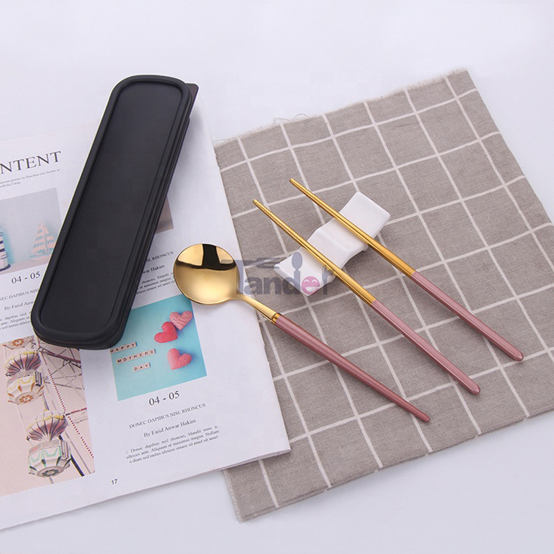 vacsora kanál pálcika rózsaszín arany piknik doboz evőeszköz készlet utazás