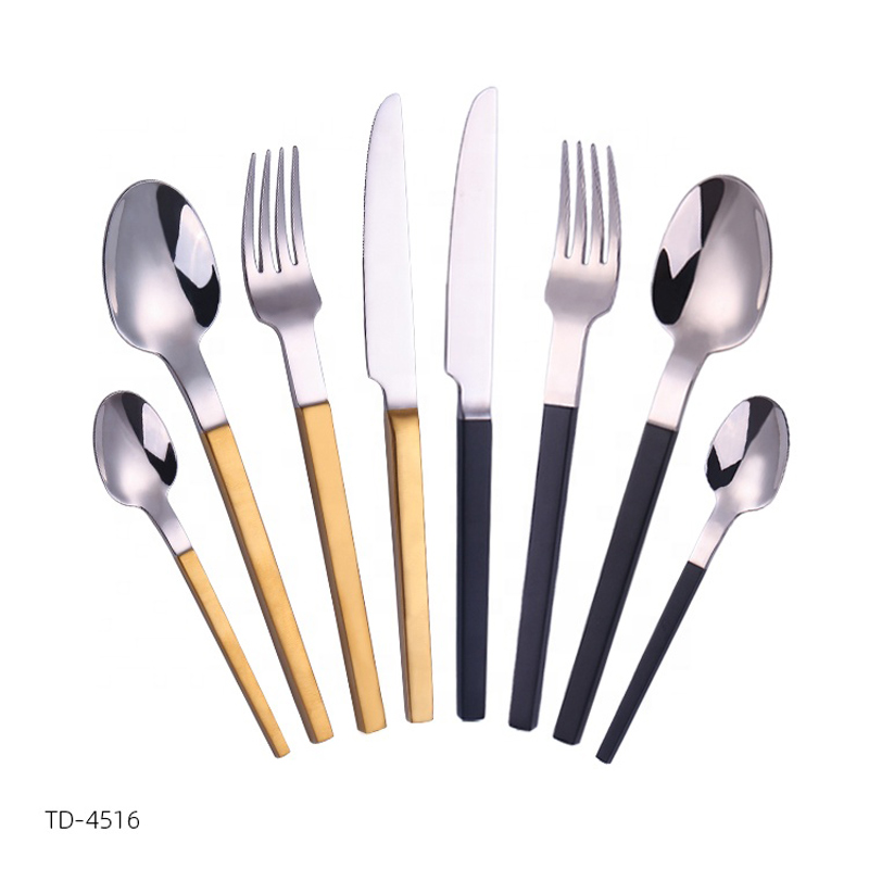 matt arany \/ fekete fogantyúval ellátott fém edénykészlet rozsdamentes acélból készült evőeszközök