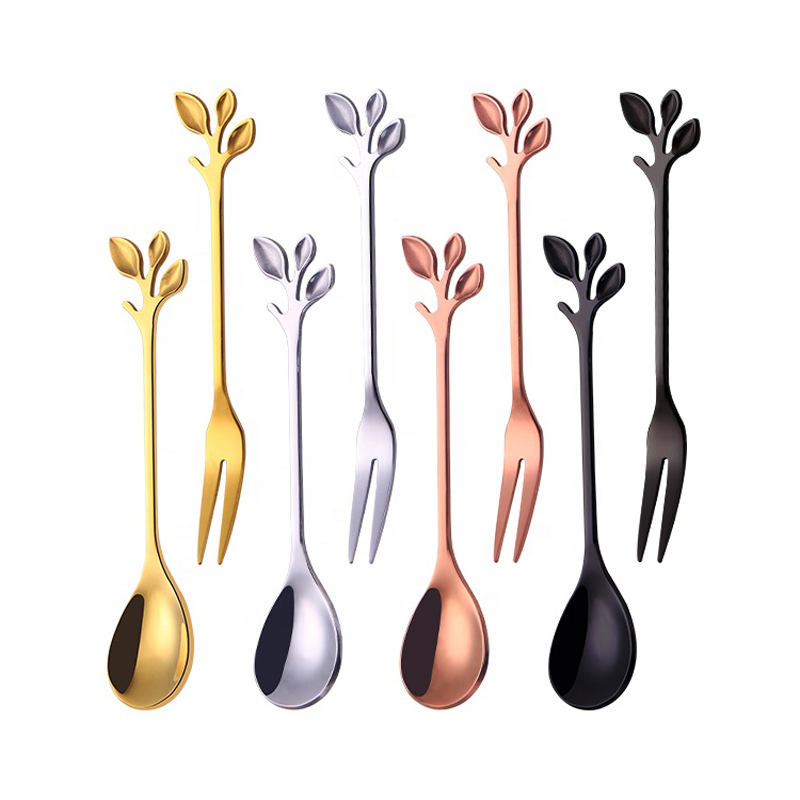 Branch Shape Coffee Spoon Fruit Fork Mirror Small Spoon és Fork Stainless Steel