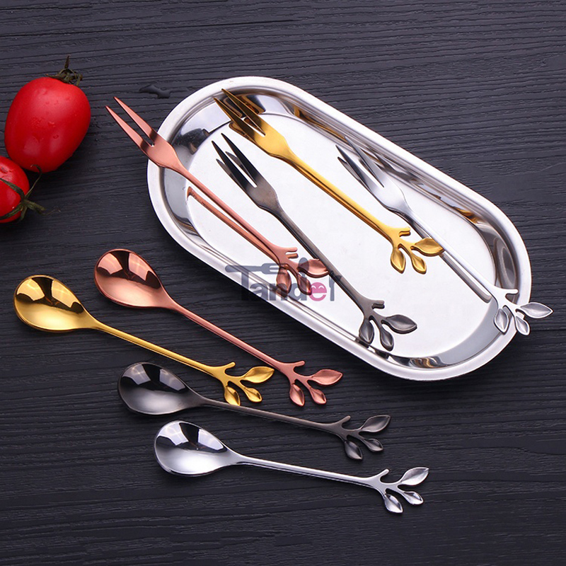 Branch Shape Coffee Spoon Fruit Fork Mirror Small Spoon és Fork Stainless Steel