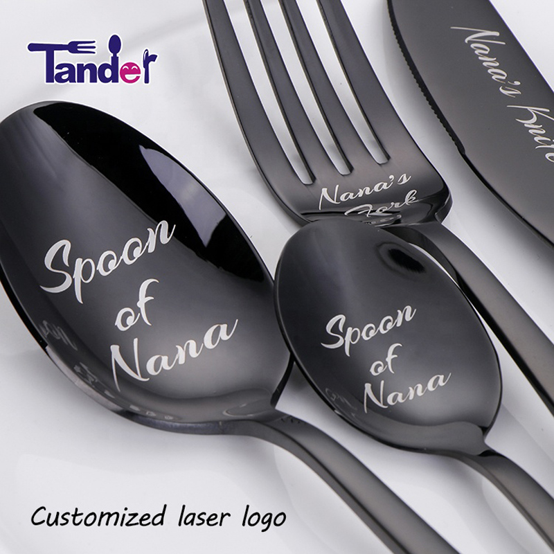 Egyedi lézer a Név Logo Szöveg a Stainless Steel Cutlery Set Knife Fork Spoon- on