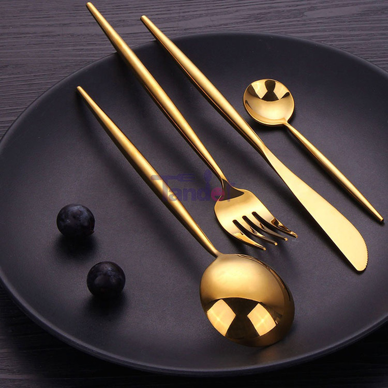 18\/8 LFGB rozsdamentes acélból kapható nagy tükörben alacsony mennyiségű készlet étkészlet arany evőeszköz készlet