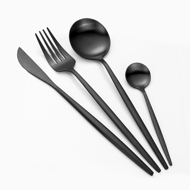 modern, újrafelhasználható, titán-fekete színű étkészlet, fém rozsdamentes acélból készült matt fekete evőeszközkészlet