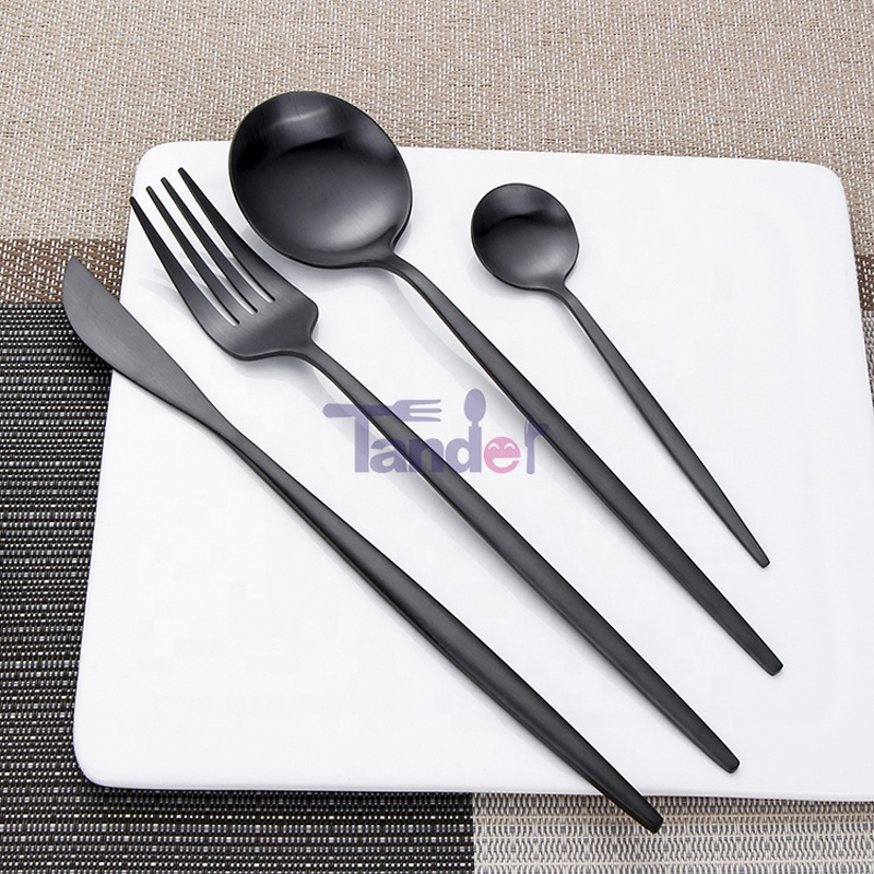 modern, újrafelhasználható, titán-fekete színű étkészlet, fém rozsdamentes acélból készült matt fekete evőeszközkészlet