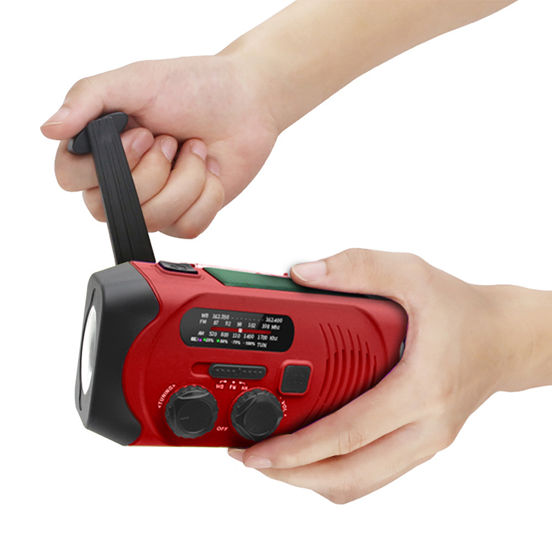 Vészhelyzeti napelemes időjárású rádió AM \/ FM \/ WB NOAA kézi hajtókaros rádió LED zseblámpával, hordozható 2000mAh mobiltelefon-töltő Power Bank SOS riasztással