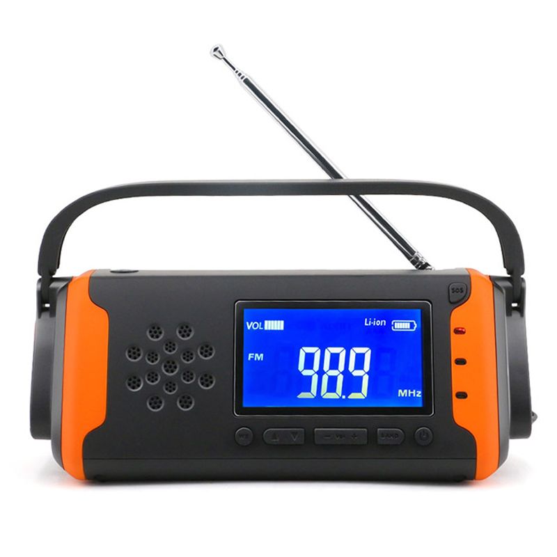 LCD digitális vészhelyzeti időjárási rádió, napelemes kézifék AM \/ FM NOAA rádió LED-es zseblámpával, AUX-beépített zenelejátszóval, 4000 mAh-os tápegység mobiltelefon-töltőhöz és SOS riasztáshoz