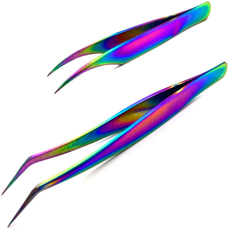 2db szempillahosszabbító csipesz készlet, rozsdamentes acél szivárványos színes felülettel 3D 4D 5D 6D professzionális szempillákhosszabbítások Hangerő alakú ívelt csipeszválasztók csipke aluminuim doboz tokkal