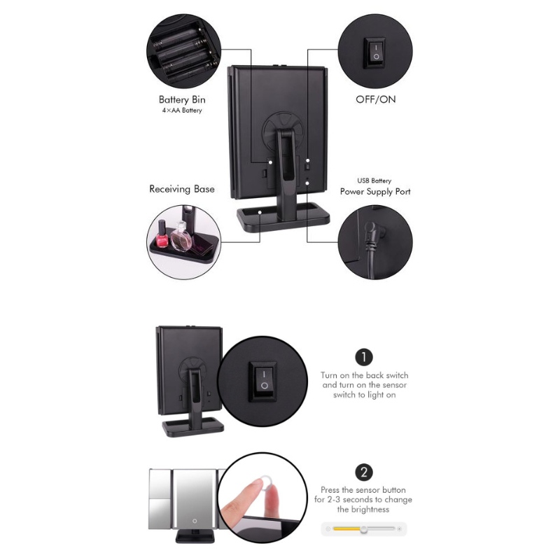 BEALUXUR kivilágított háromszög smink tükör, LED összecsukható 1X 2X 3X 10X nagyító sminktükör érintőképernyő kapcsoló, kettős tápegység, 180 fokos elforgatás