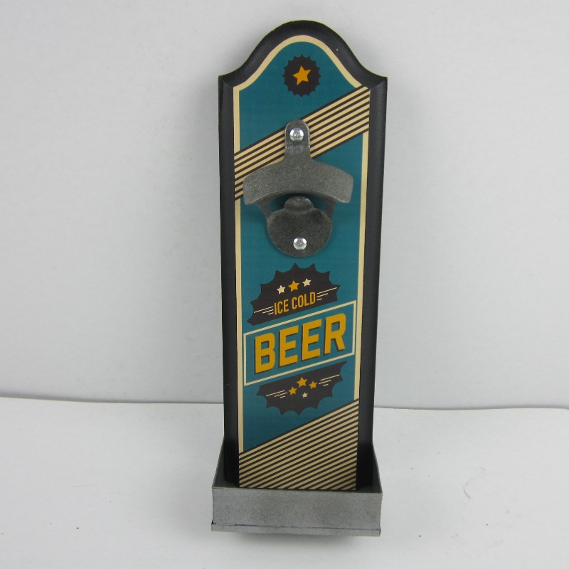 A Wall Mounted Wood Plaque Beer Bottle Opener Cap Catcher-rel