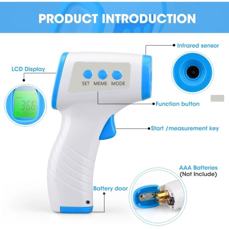 Digitális orvosi, nem csatlakoztatható, fej nélküli homlok hőmérő pisztoly felnőtt, csecsemő, láz esetén, CE / FDA / FCC