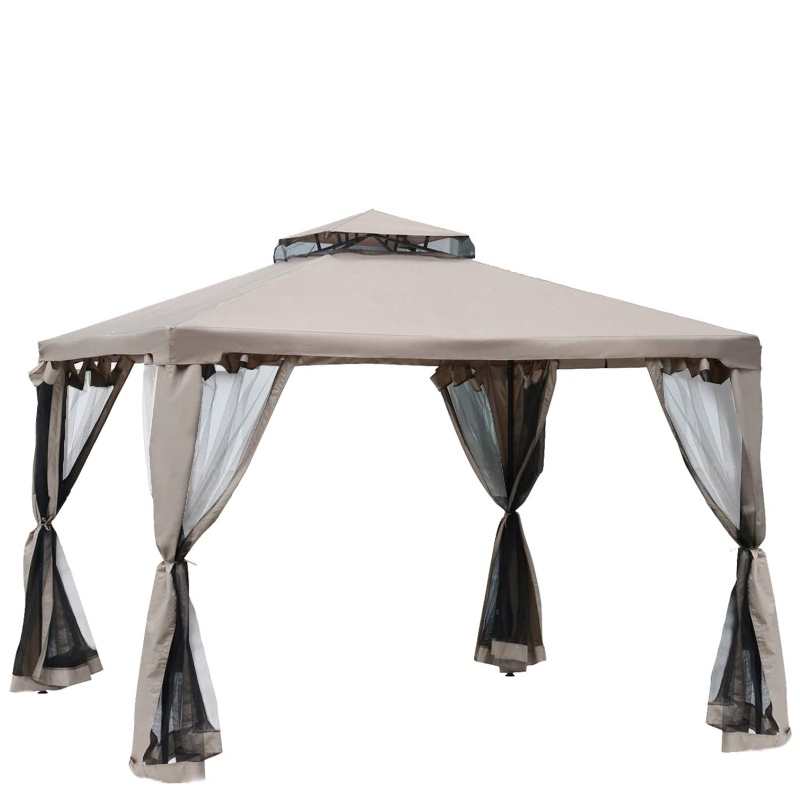 10’ x 10’ Patio Gazebo pavilion Canopy Tent, 2-Tier Soft Top Netting Mesh Sidehalls, Taupe