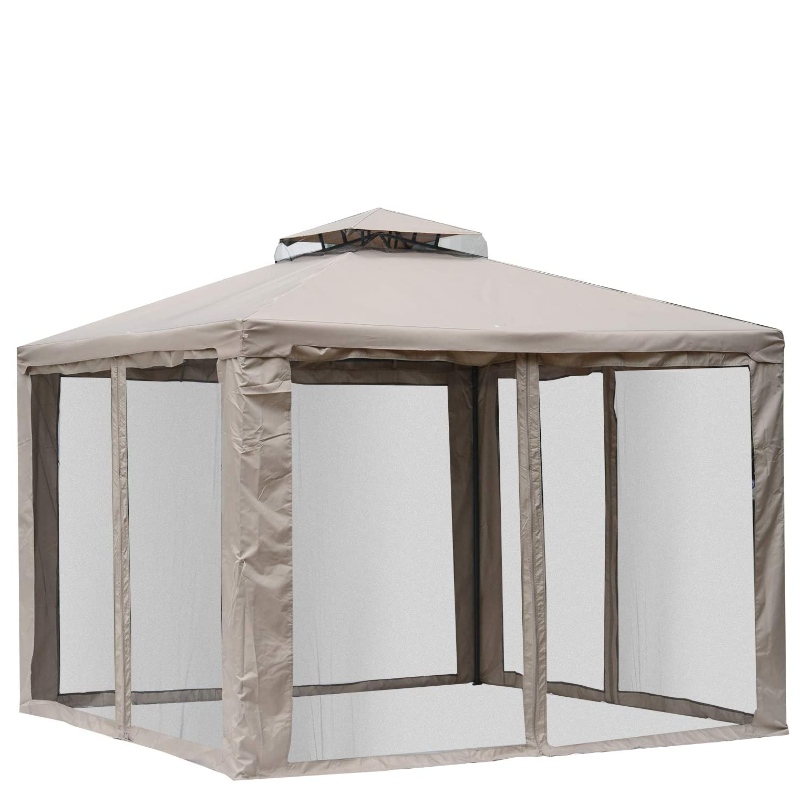 10’ x 10’ Patio Gazebo pavilion Canopy Tent, 2-Tier Soft Top Netting Mesh Sidehalls, Taupe