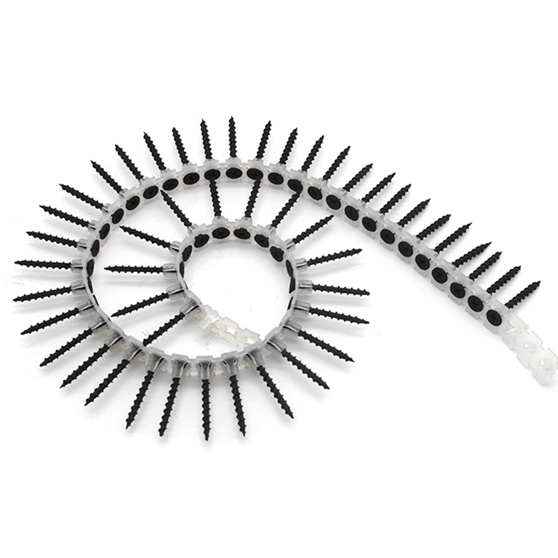 Műanyag szalaggal szétválasztott fekete foszfátos gipszkarton csavar a beszereléshez