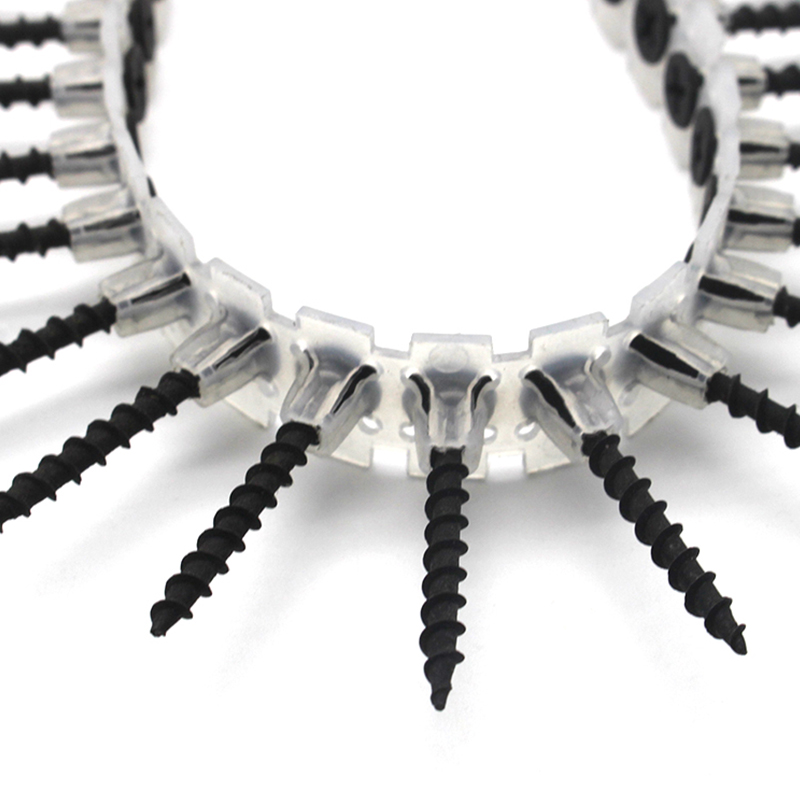 Műanyag szalaggal szétválasztott fekete foszfátos gipszkarton csavar a beszereléshez