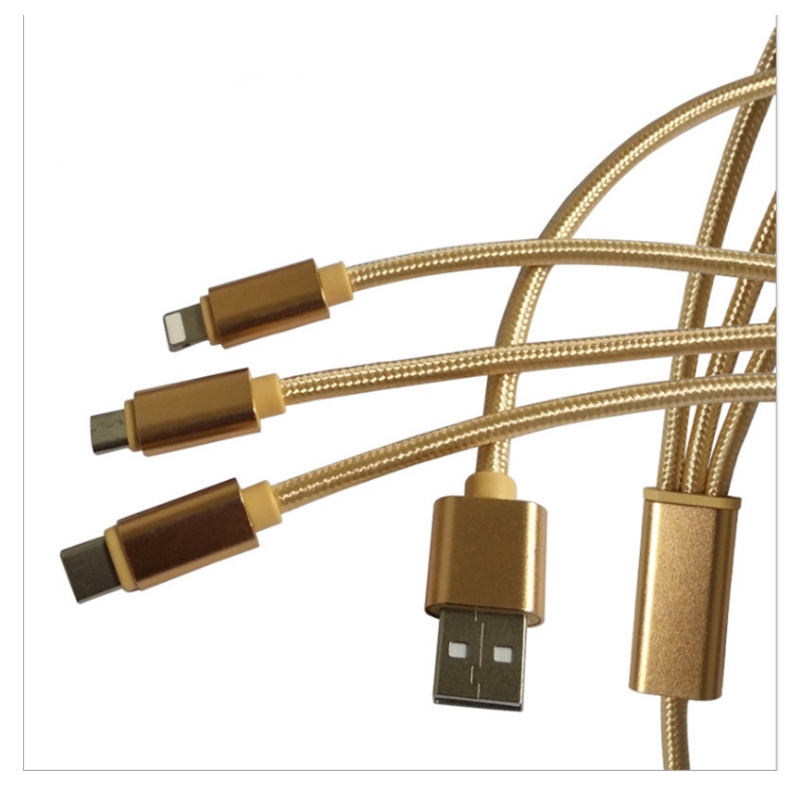 Mobiltelefon adatvonal 2A tigris csík nejlon fonás három az egyben biztonságos gyors feltöltési adattöltési vonal