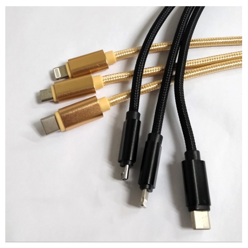 Mobiltelefon adatvonal 2A tigris csík nejlon fonás három az egyben biztonságos gyors feltöltési adattöltési vonal