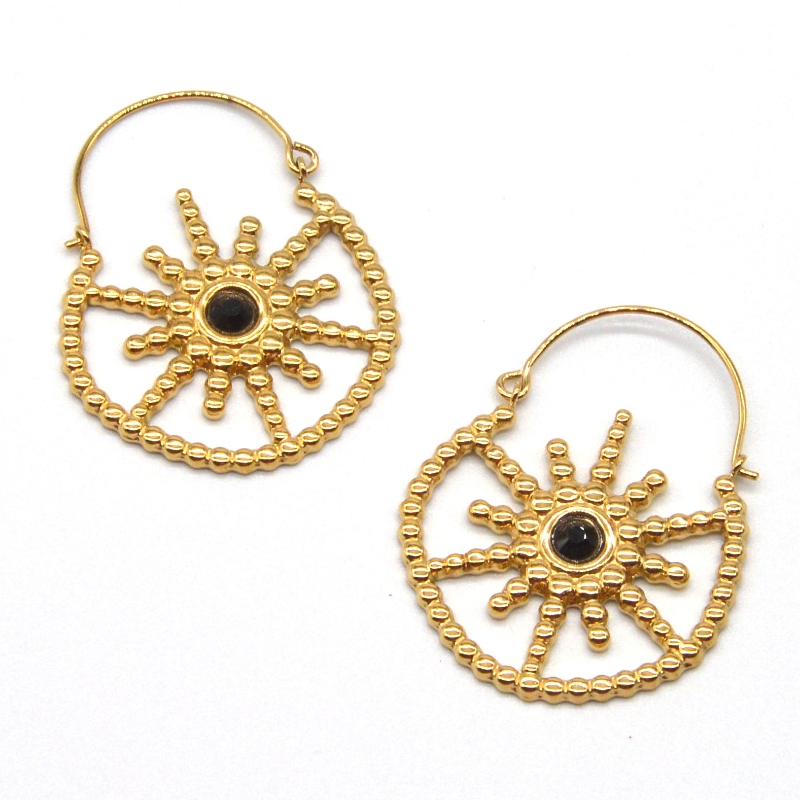 Női aranyozott ékszerek bohém stílusú vintage virágos fekete achát fülbevalók Kína Ruifanbao ékszerfeldolgozó gyár