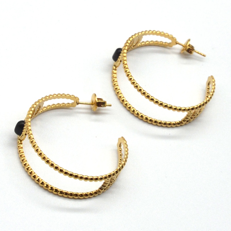 Arany karika fülbevalók, C alakú karika fülbevalók, fekete achát, érzékeny női fülek, hipoallergén ékszerek, Kína Ruifanbao ékszerfeldolgozó gyár