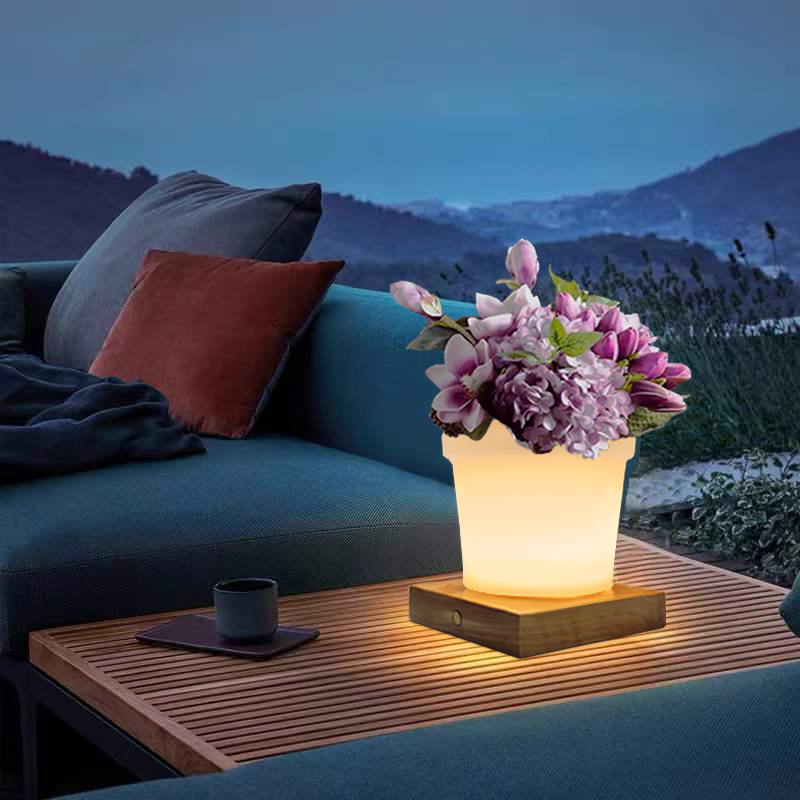 RGB színváltozás LEDnövényi edény asztal lámpa érintésvezérlése, Modern egyszerű PE műanyag virágcserép LED asztali lámpák, szilárd fa alapokkal anappalihoz/medroom/office