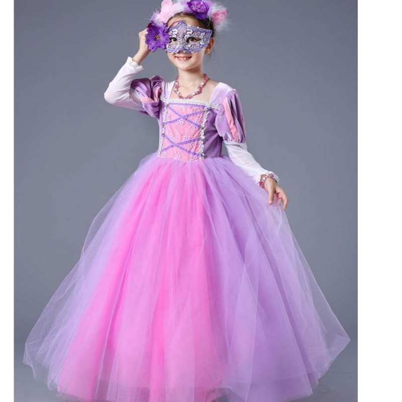 Nagykereskedelmi kiváló minőségű gyermekek lila rapunzel hosszú puffadt szofia hercegnő ruha lányoknak smr020