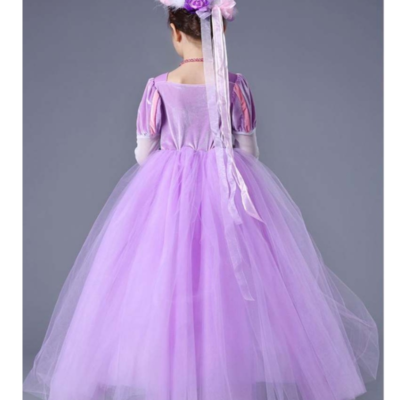 Nagykereskedelmi kiváló minőségű gyermekek lila rapunzel hosszú puffadt szofia hercegnő ruha lányoknak smr020